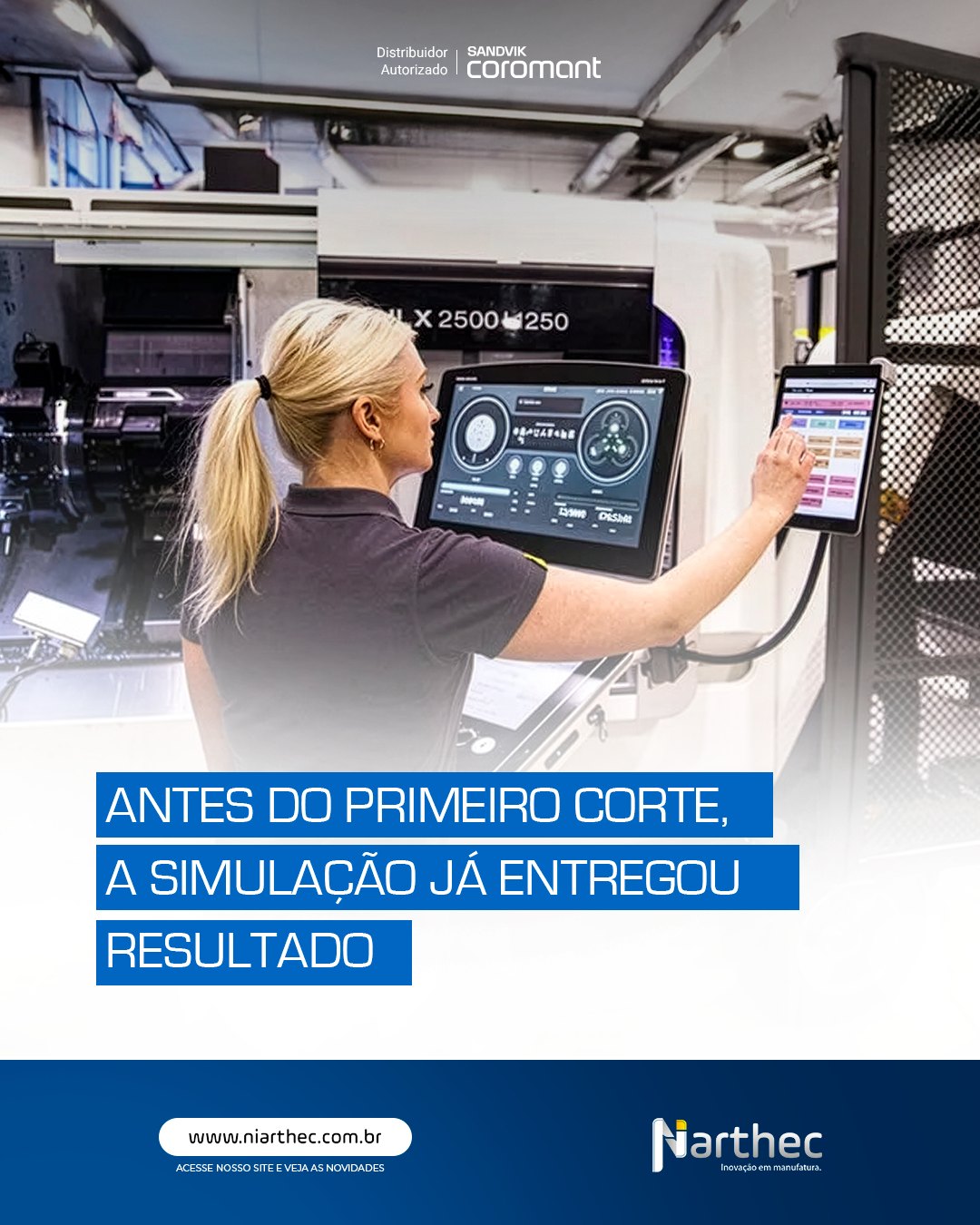 Cada erro no chão de fábrica custa tempo, material e dinheiro.
Por isso, a indústria moderna deixou de testar na máquina para simular antes de produzir.
🔍 Com soluções de Digital Twin da Sandvik Coromant, como o CoroPlus® Tool Guide e CoroPlus® Machining Cloud, é possível:
• Validar estratégias de usinagem antes da execução
• Definir parâmetros ideais de corte com segurança
• Prever riscos de vibração, sobrecarga e desgaste
• Reduzir ajustes e tentativas na máquina real
📊 Estudos de mercado indicam que o uso de simulação pode reduzir o tempo de setup em até 30%, além de aumentar a previsibilidade do processo.
Produzir bem começa antes da máquina ligar.
👉 A Niarthec apoia desde a simulação do processo até a aplicação em campo, utilizando ferramentas digitais Sandvik Coromant alinhadas à sua realidade produtiva.