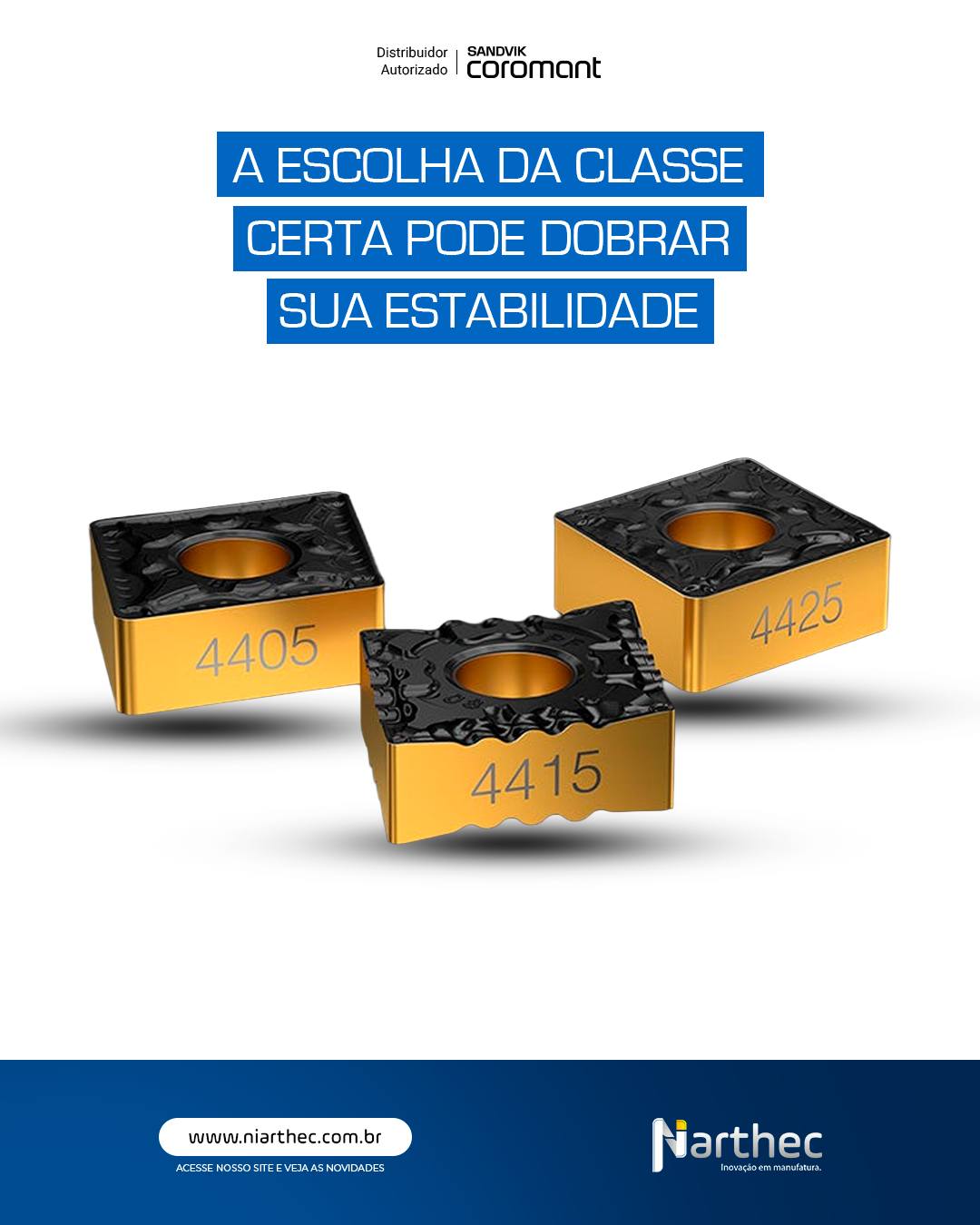 Em torneamento de aços (ISO P), a classe da pastilha não é detalhe, é estratégia de processo.

As classes 4415, 4425 e 4405 foram desenvolvidas para entregar resistência, previsibilidade e produtividade em diferentes condições de corte.

🔹 GC4415
Ideal para operações estáveis e altas velocidades.
✔️ Excelente resistência ao desgaste
✔️ Alta produtividade
✔️ Vida útil consistente

🔹 GC4425
Classe versátil para aplicações gerais.
✔️ Equilíbrio entre tenacidade e resistência
✔️ Boa performance em condições médias
✔️ Redução de paradas inesperadas

🔹 GC4405
Projetada para condições mais severas.
✔️ Maior tenacidade
✔️ Segurança em cortes interrompidos
✔️ Estabilidade em aplicações mais exigentes

📊 Benefícios diretos na aplicação:
• Menor custo por peça
• Vida útil previsível
• Melhor controle térmico
• Redução de quebra prematura

Se sua operação ainda não revisou a classe de torneamento, pode estar perdendo produtividade sem perceber.

👉 Quer revisar sua aplicação e aumentar o rendimento das pastilhas? Fale com a Niarthec.

#Torneamento
#PastilhasSandvik
#ClasseGC4415
#ProdutividadeIndustrial
#Niarthec