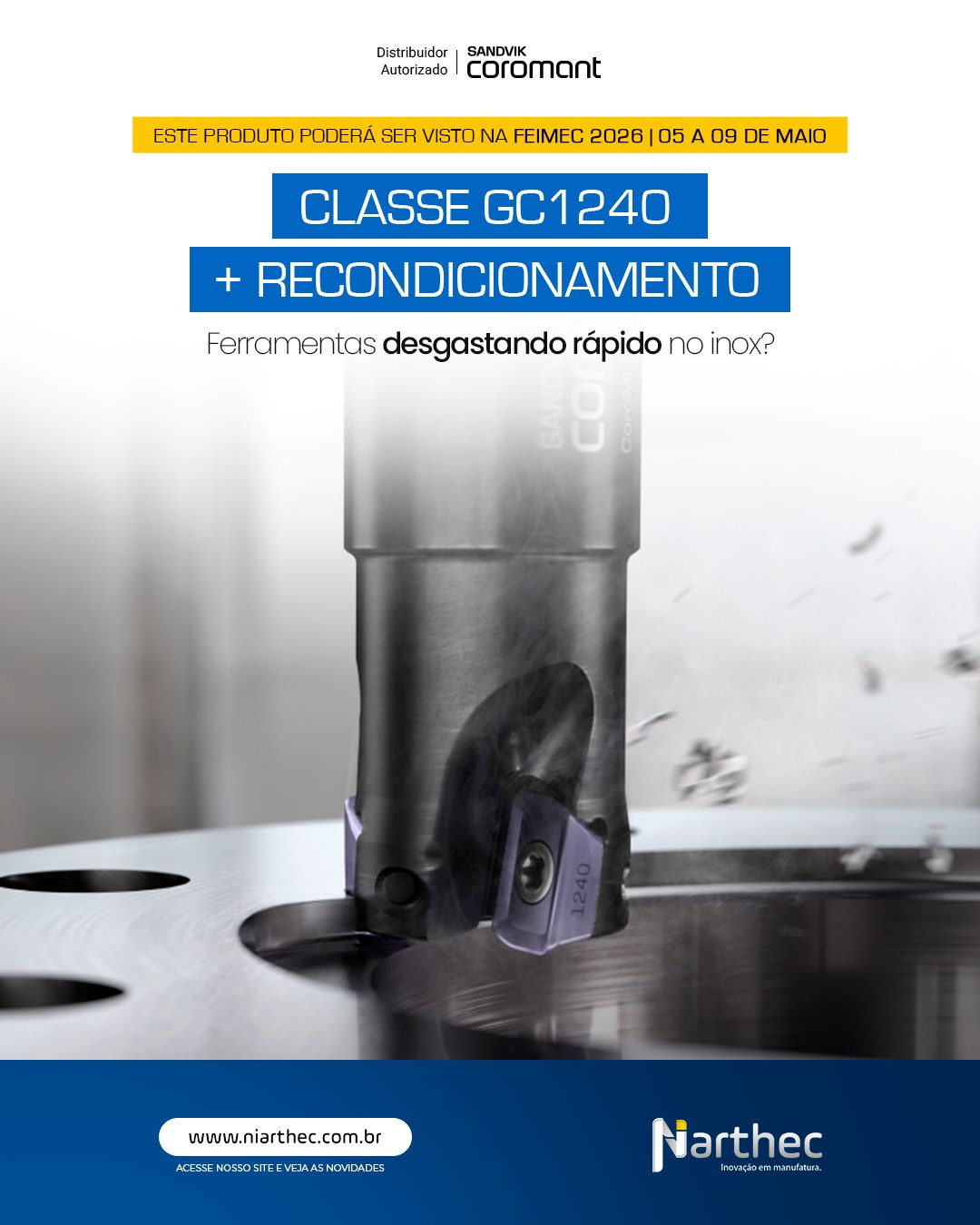 Usinar aços inoxidáveis exige ferramentas capazes de suportar altas temperaturas e desgaste acelerado.

A nova classe GC1240 foi desenvolvida para oferecer maior estabilidade no fresamento de inox.

Além disso, o serviço de recondicionamento de ferramentas rotativas permite recuperar ferramentas e prolongar sua vida útil.

✔️ Maior resistência ao desgaste
✔️ Estabilidade térmica
✔️ Melhor custo por ferramenta
✔️ Redução de desperdício

Produtividade também significa usar melhor cada ferramenta.

Estaremos presentes na FEIMEC Feira Internacional de Máquinas e Equipamentos
📅 05–09 de maio
📍 São Paulo Expo
📌 Blaser Swisslube — Estande D071

#SandvikCoroman #UsinagemDeInox #FerramentasDeCorte #ProdutividadeIndustrial #Niarthec