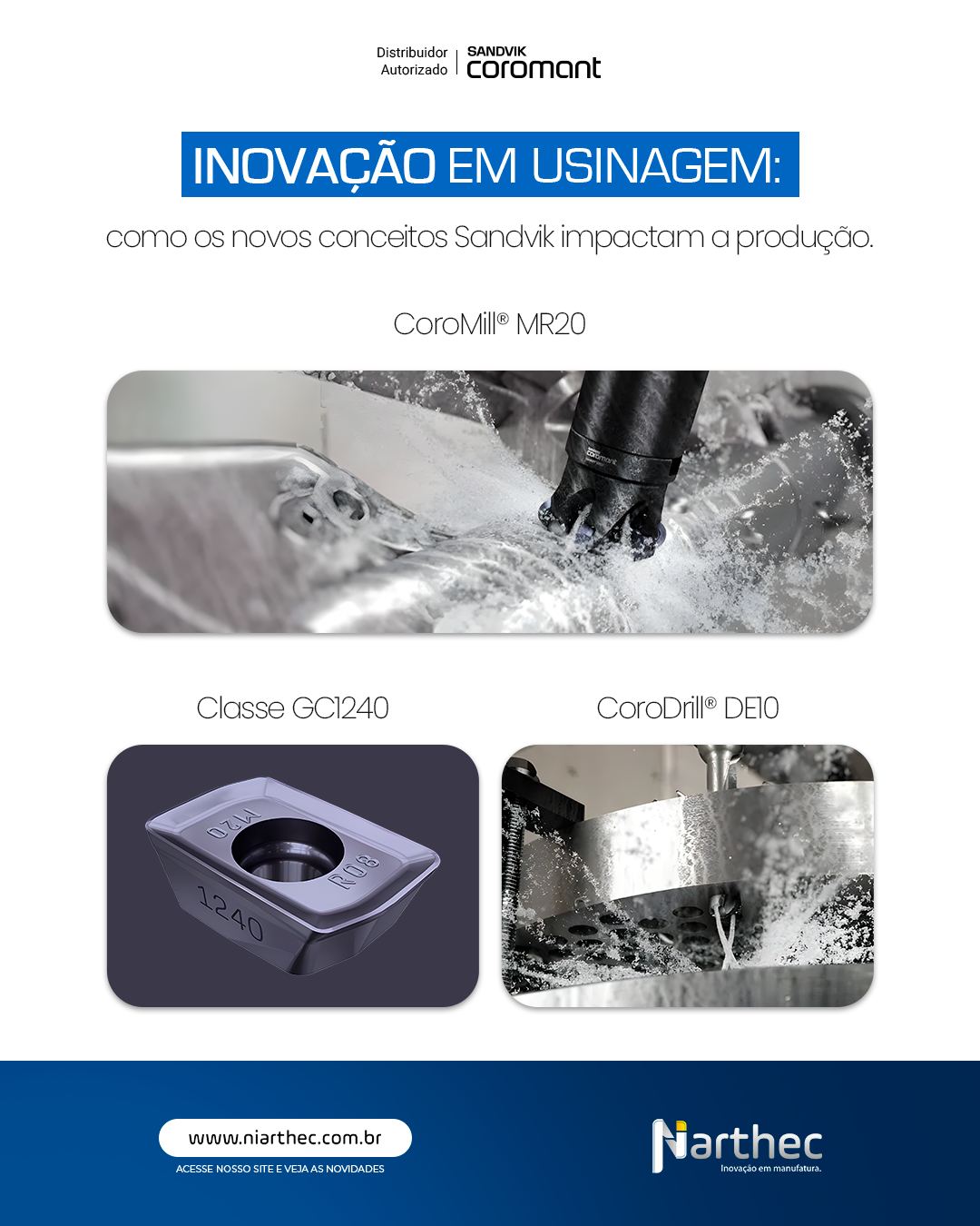 A indústria continua evoluindo e os novos destaques da Sandvik Coromant mostram como a engenharia de usinagem está avançando para entregar mais estabilidade, previsibilidade e desempenho.
Entre os principais destaques apresentados estão:
🔧 CoroMill® MR20
Novo conceito de fresamento projetado para oferecer maior resistência à fadiga, desgaste previsível da pastilha e alta confiabilidade no processo.
⚙ Classe GC1240 para fresamento de inox
Desenvolvida com tecnologia Zertivo®, oferece excelente resistência ao trincamento térmico e desgaste abrasivo, garantindo maior estabilidade ao usinar aços inoxidáveis.
🛠 CoroDrill® DE10
Broca de ponta intercambiável projetada para furação produtiva e consistente, com trocas rápidas e maior eficiência em produção.
🔩 Nova geometria -CO para operações de corte
Aresta retificada e afiada para cortes leves, maior estabilidade e tolerâncias mais precisas, especialmente em materiais exigentes.
📊 O objetivo dessas inovações é claro:
mais segurança no processo, maior vida útil das ferramentas e produtividade superior no chão de fábrica.
Quer saber como aplicar essas novidades na sua operação?
Converse com a equipe técnica da Niarthec.
#SandvikCoromant
#Usinagem
#FerramentasDeCorte
#ProdutividadeIndustrial
#Niarthec