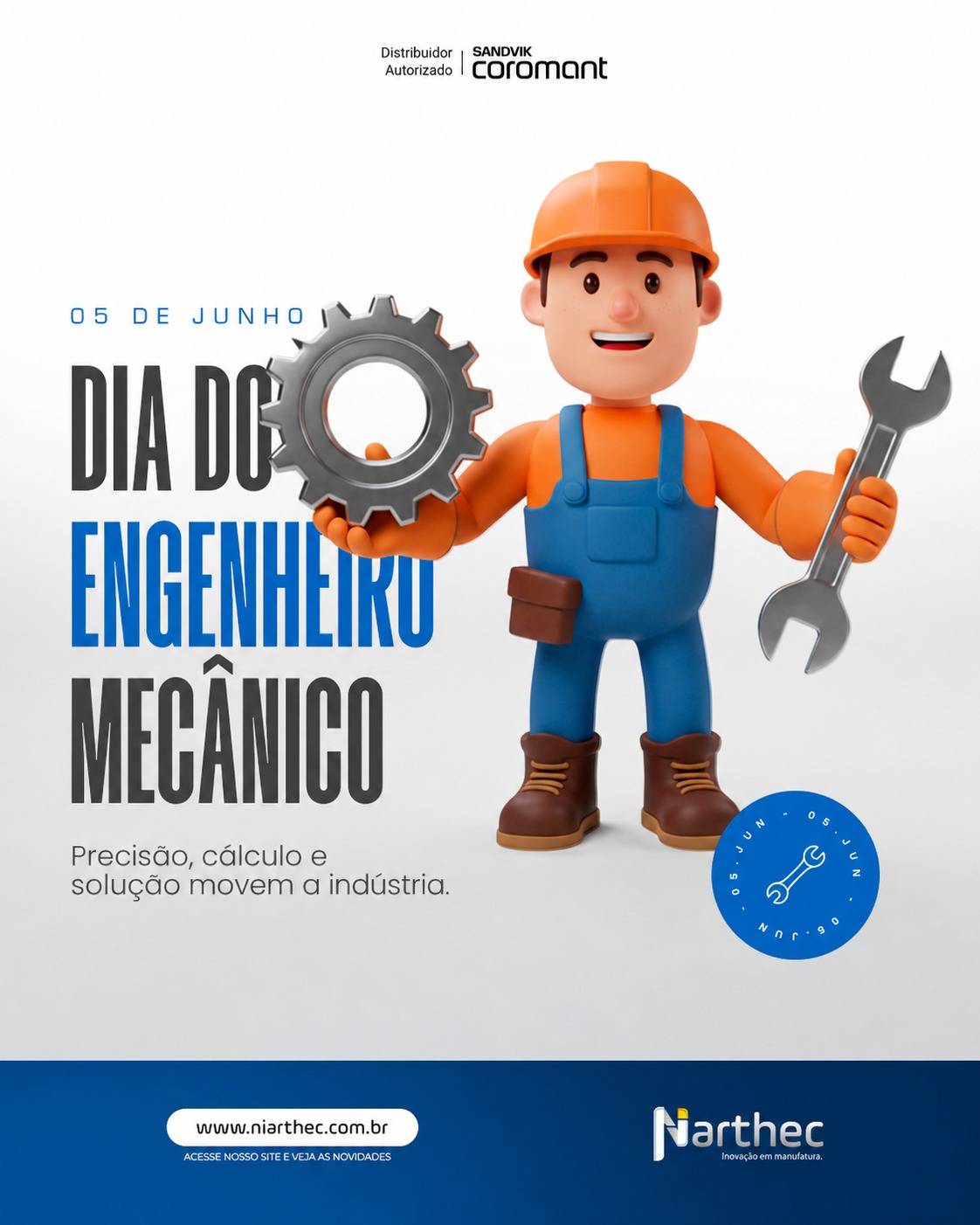 Hoje celebramos os profissionais que transformam conhecimento técnico em movimento, produtividade e inovação.
O engenheiro mecânico está presente em decisões fundamentais da indústria: escolha de ferramentas, definição de processos, melhoria de desempenho, redução de custos e busca por maior eficiência produtiva.
Na Niarthec, contribuímos com esse trabalho oferecendo:
🔧 Ferramentas de alta tecnologia
⚙️ Suporte técnico especializado
📊 Consultoria aplicada ao processo
🎓 Treinamentos e capacitação técnica
🤝 Soluções que conectam engenharia e produtividade
Nosso papel é apoiar engenheiros e equipes técnicas na construção de processos mais estáveis, eficientes e competitivos.
A todos os engenheiros mecânicos, nosso reconhecimento pelo papel essencial no desenvolvimento da indústria.
Feliz Dia do Engenheiro Mecânico!
#DiaDoEngenheiroMecânico
#EngenhariaMecânica
#Indústria
#ProdutividadeIndustrial
#Niarthec
