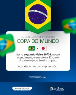 Para melhor organização de nossas atividades, informamos que na próxima segunda-feira nosso expediente será realizado até às 12h, em razão do jogo da Seleção Brasileira 🇧🇷 x Japão 🇯🇵.

Seguimos comprometidos em oferecer o atendimento técnico e consultivo que nossos clientes e parceiros conhecem, retomando nossas atividades normalmente no próximo dia útil.

Agradecemos a compreensão e desejamos um excelente jogo a todos! ⚽

#Niarthec #Comunicado #Expediente