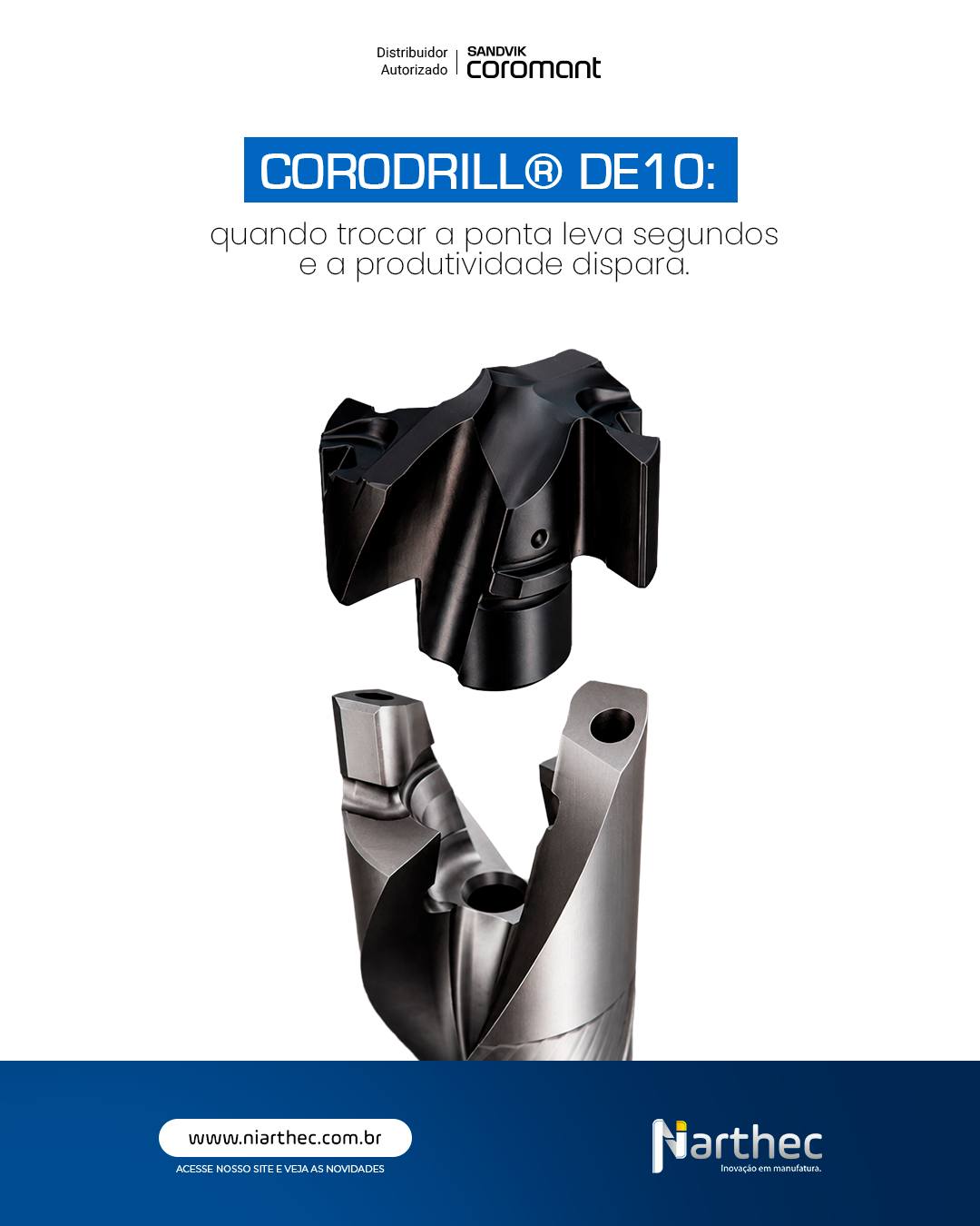 Em operações de furação de alto volume, pequenas paradas podem gerar grandes impactos na produtividade.

A CoroDrill® DE10 foi desenvolvida para eliminar uma das principais dores da produção: trocas demoradas, ajustes constantes e falta de previsibilidade.

Seu grande diferencial está na interface de fixação pré-tensionada, uma solução patenteada que oferece:

✔️ Trocas de ponta rápidas e seguras
✔️ Sem necessidade de peças de reposição
✔️ Excelente centralização para furos mais precisos
✔️ Alta resistência em avanços e velocidades elevadas
✔️ Mais pontas utilizadas por corpo de broca

Além disso, sua geometria universal -M5 entrega verdadeiro conceito plug-and-play, facilitando a aplicação em diversos materiais e operações.

📊 Resultado na prática:
menos tempo parado, mais produtividade, maior vida útil da ferramenta e menor custo por furo.

Porque em ambientes de alta produção, eficiência não está apenas no corte. Está em tudo o que acontece entre um furo e outro.

Sua operação ainda perde tempo em trocas e ajustes desnecessários?

#CoroDrillDE10
#FuraçãoIndustrial
#ProdutividadeIndustrial
#SandvikCoromant
#Niarthec